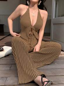 abyoxi 女款棕色與黑色條紋深V領背心與高腰寬腿褲兩件套，休閒通勤，復古性感風格，日常出遊，約會，情人節，短上衣與長褲夏季穿搭 - 咖啡棕 - 查看 6