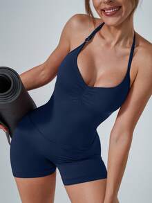 NcmRyu 1pc Women's Solid Color Halter V-Neck Adjustable Strap Pleated Front Backless Sports Romper - Blue - View 6