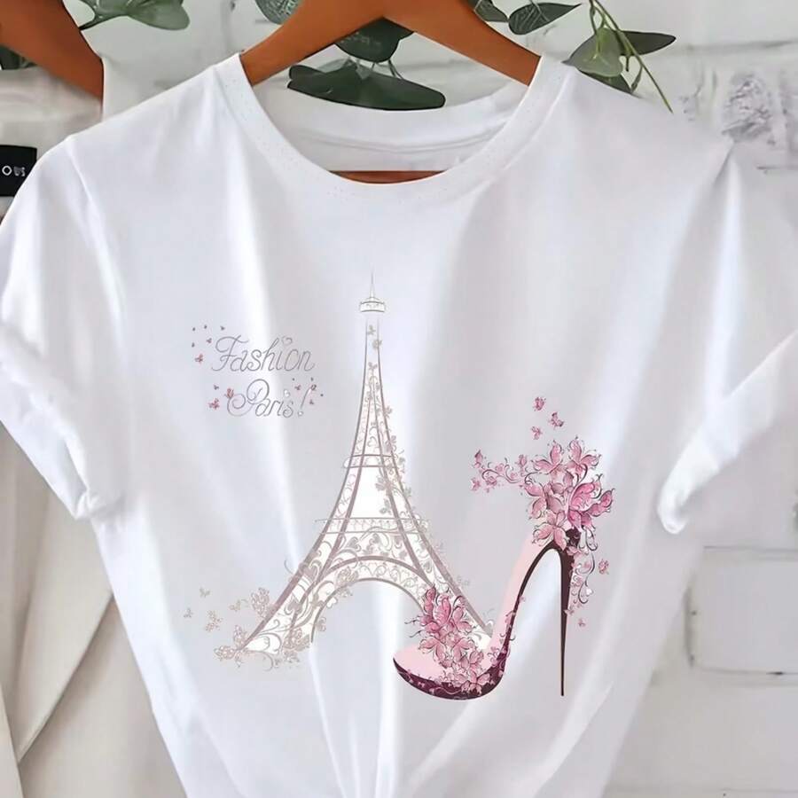 Camiseta de talla grande con estampado vibrante de la Torre Eiffel - Manga corta suave, cuello redondo, ajuste relajado, top casual de verano y primavera para mujer, perfecta para viajes, vacaciones y actividade - Blanco - Ver 1