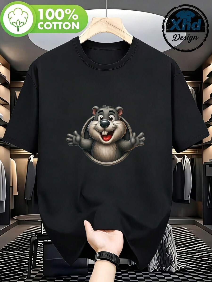 Men's 100% Cotton Casual T-Shirt With A Fun And Smiling Squirrel Print In A Cartoon Design, Ideal For Everyday Wear In Spring And Summer. Perfect As A Gift For Friends Or Family Who Love Animals. - 黑色 - 查看 1