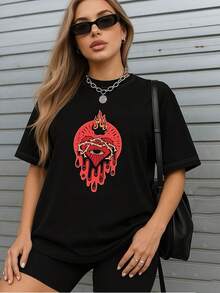 Bohemian Print T-Shirt, Women's Round Neck Short Sleeve T-Shirt - Modern And Versatile - Simple And Elegant Everyday Top For Women - 黑色 - 查看 1