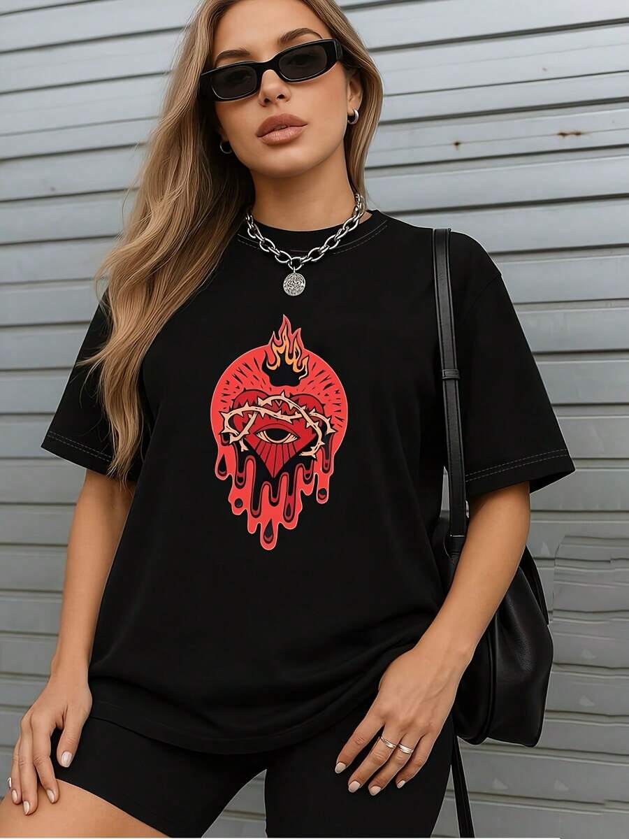 Bohemian Print T-Shirt, Women's Round Neck Short Sleeve T-Shirt - Modern And Versatile - Simple And Elegant Everyday Top For Women - 黑色 - 查看 1