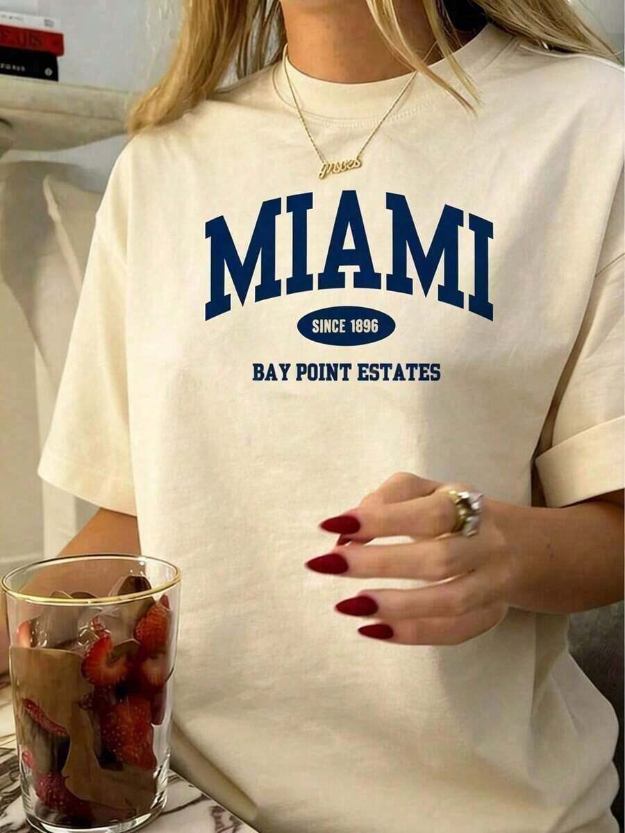 Y2K Style, Energy Efficient Clothing, Gifts For Mothers, Fashion Clothing, Women's Casual Short Sleeve T-Shirt - Miami Oval Emblem Design, White And Navy Letter Print, Medium Elasticity Crew Neck Top, Suitable For Spring, Summer And Autumn, Machine Washable, Loose Fit, Bold Pattern, Soft Texture Fashion T-Shirt, Classic Short Sleeve Crew Neck T-Shirt, Solid Basic Style, Women's Going Out Clothing, Women's Summer Clothing - 杏色 - 查看 1