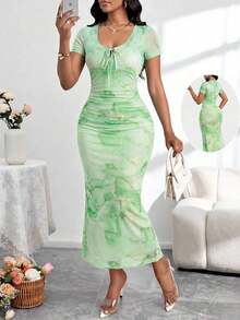Lady Vestido de manga corta de talla grande con patrón de mármol y drapeado ajustado de longitud media, vestido rosa para fiestas elegantes, uso diario, cuatro estaciones, vestidos para cruceros, atuendos de verano para mujer, vestidos midi para cumpleaños y eventos, vestidos de oficina, vestidos de iglesia, vestidos de boda, vestidos de vacaciones, vestidos de invitada de boda, vestidos elegantes y de clase para mujer - Rosa 2 - Ver 7
