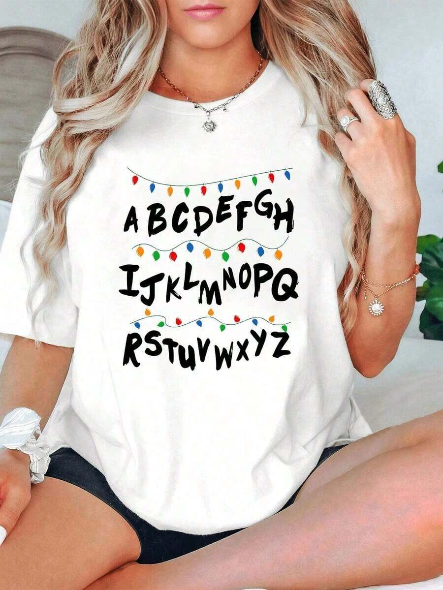 Cotton T-Shirt Alphabet Christmas Lights Stranger Gift T-Shirt Round Neck Short Sleeve Urban Fashion Breathable Soft Designer Clothing Unisex For Men Casual Clothing For Women Graphic T-Shirt 9PCL - 白色 - 查看 1