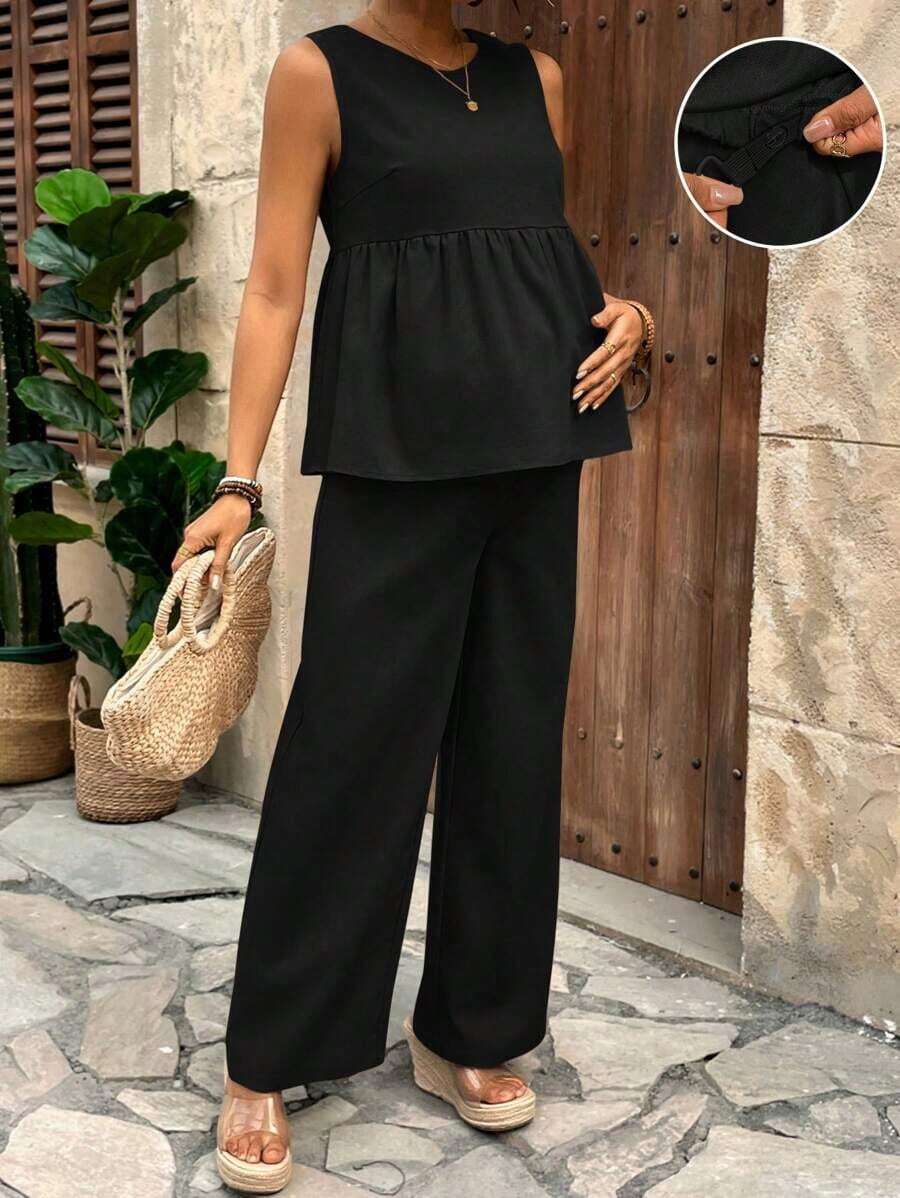 Conjunto de maternidad de 2 piezas - Blusa sin mangas de cuello redondo con volante en el bajo y pantalones con cintura ajustable, de estilo casual - Negro - Ver 1