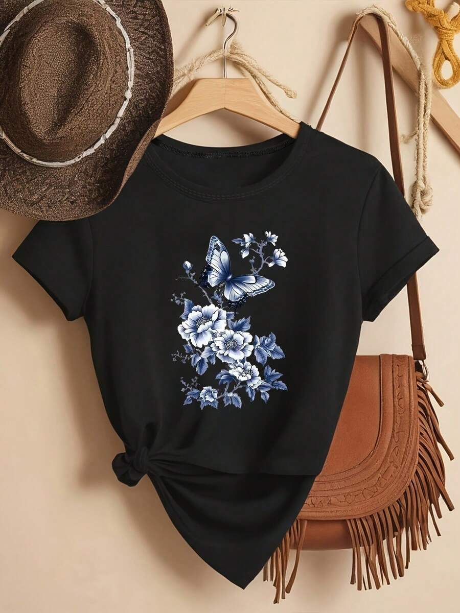 Plus Size - Plus Size - Women'S Plus Size Floral Print T-Shirt, Round Neck Casual Short Sleeve Top, with Blue Flowers And Butterfly Design, Suitable for Daily And Formal Occasions, Versatile Clothing, Retro Fashion Machine Washable