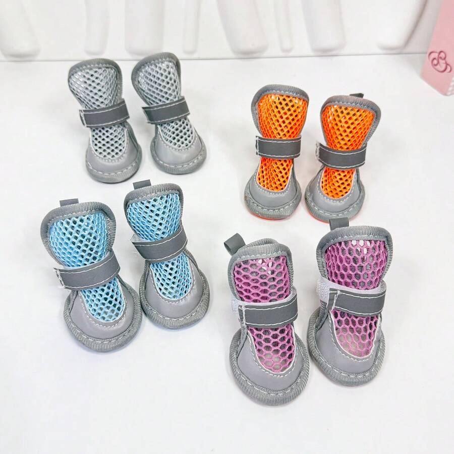 4件/組 狗狗夏季透氣網格涼鞋，反光防滑耐用鞋，適用於小型犬室內外