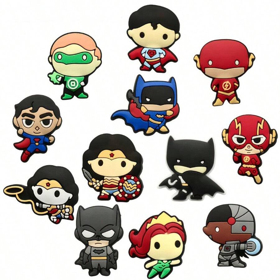 Warner Bros 12件套DC卡通超级英雄系列鞋饰，PVC材质，可作沙滩包装饰，鞋履配件挂件，生日、圣诞节、情人节、万圣节派对礼品之选 - 彩色 - 查看 1