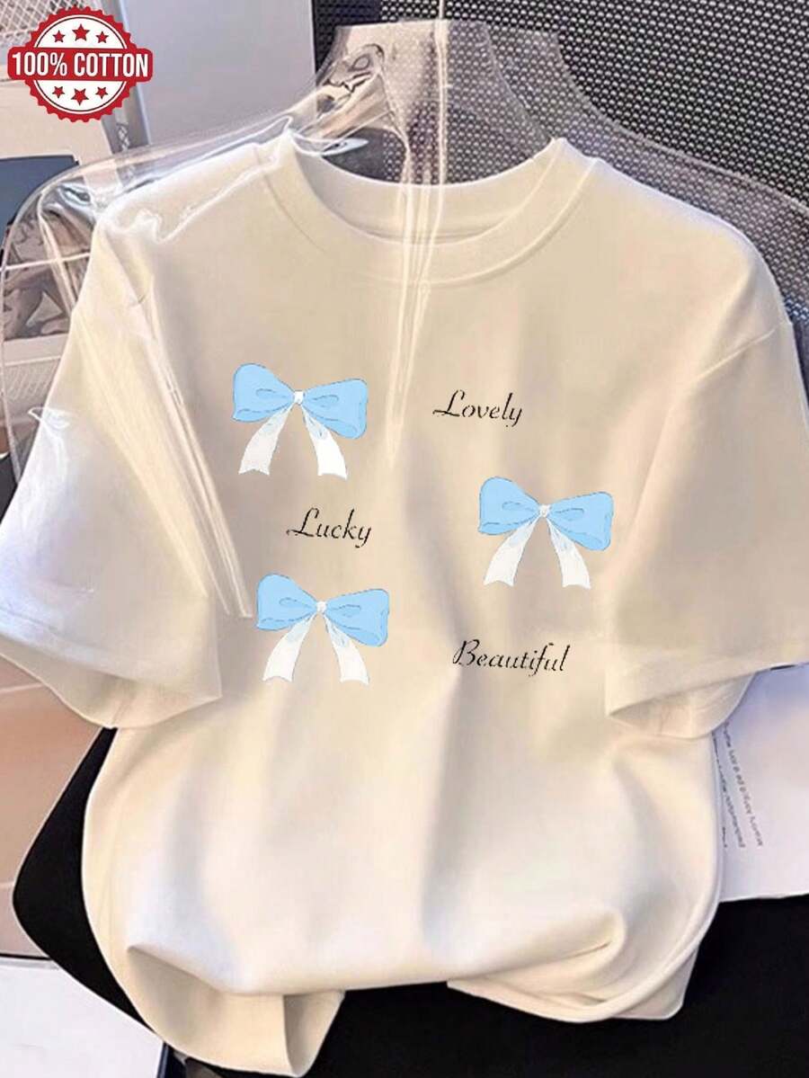 Modern Summer Cotton T-Shirt, Loose Fit, Round Neck, Versatile, Comfortable, Casual, For Women, Youthful, , Short Length For Daily Wear, Elegant Party Outfit/T-Shirt For Elegant Ladies/Blouses Suitable For Curvy Women/Prom Skirts/Casual Wear - 白色 - 查看 1