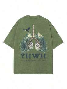 2026 New American Style T-Shirt% Cotton YHWH Nature Vintage Washed% Cotton |   Graphic Forest Lungs With Birds, Distressed Fabric - Religious Inspired Clothing And Meaningful Gift Idea |   Unisex - 軍綠色 - 查看 2