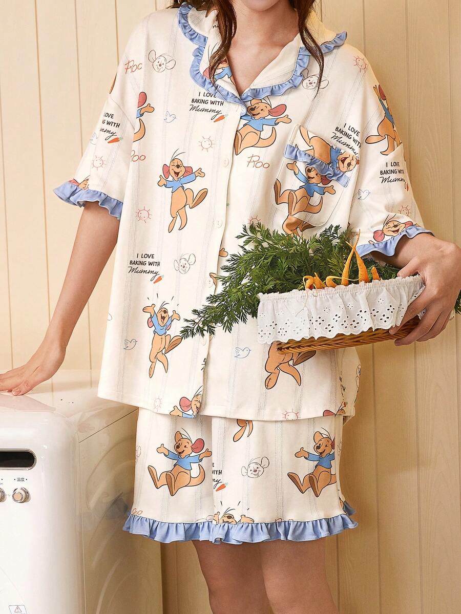 Gongdie Bộ đồ ngủ nữ Disney 2 món, chất liệu cotton mềm mại, thoáng khí, màu trắng kem, họa tiết sọc với viền bèo nhún, thích hợp mặc nhà mùa hè. - Màu be - Xem 1