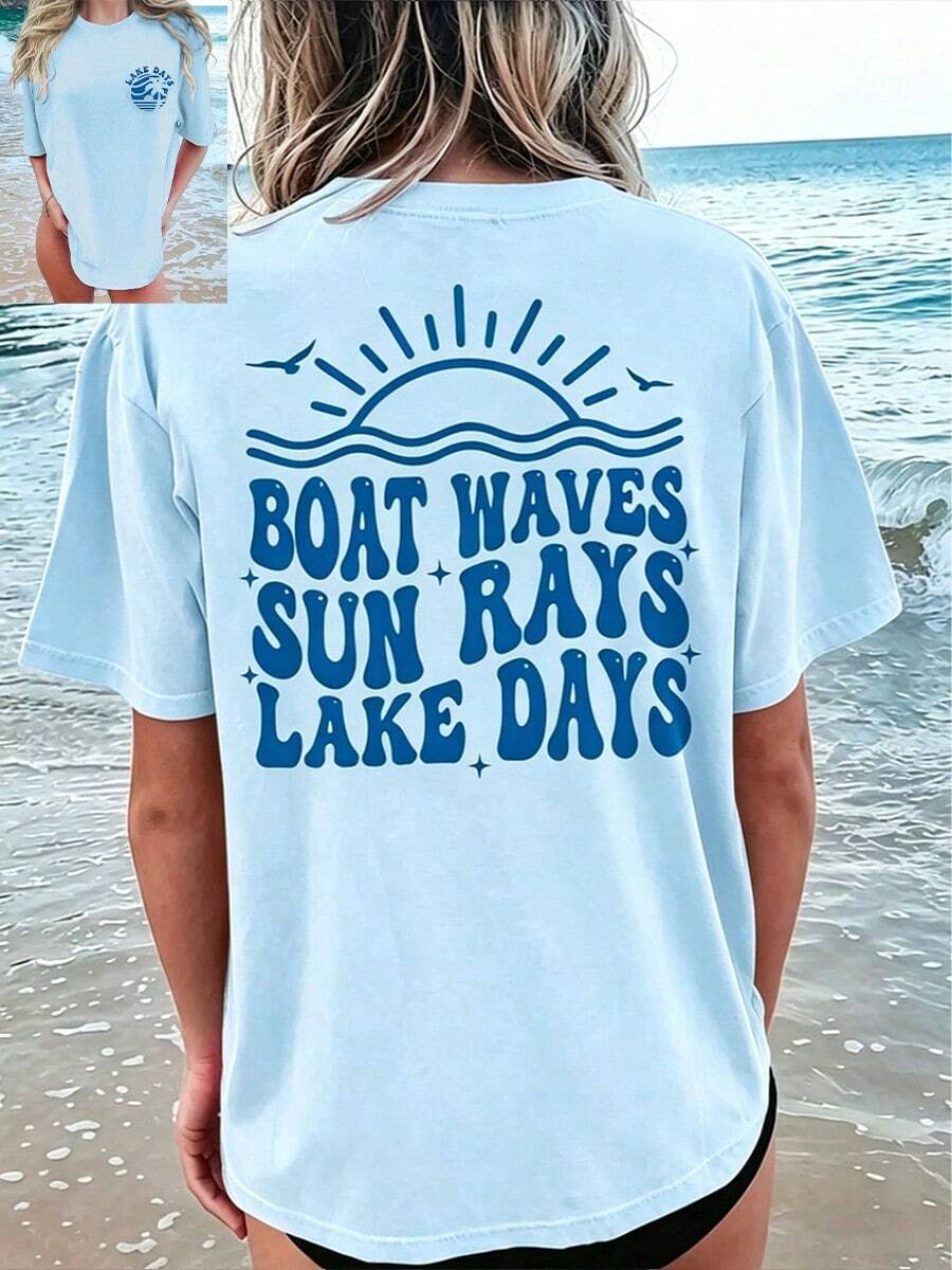 Cotton T-Shirt-[Double-Sided Print]Boat Letter Print Short-Sleeve Round Neck T-Shirt-Short Sleeve Crew Neck T-Shirt-Vacation Outfits Women-Summer Tops - 淺藍色 - 查看 1