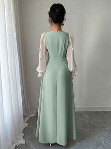 Vestido de mujer con parches tejidos, decoración de lazo y cintura ceñida - Verde militar - Ver 8