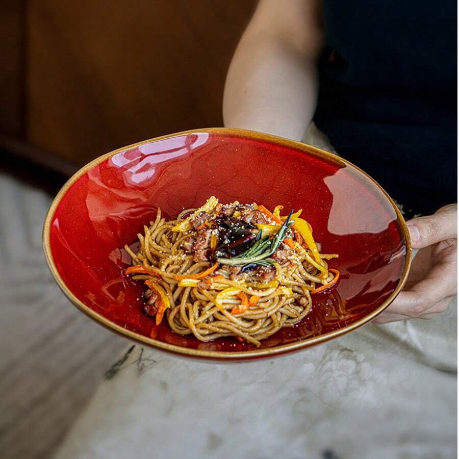 1PC Red Glazed Ceramic Plate 9 Inch Deep Dish For Home Use, Stir-Fry Plate, Pasta Plate, Salad Plate, Serving Plate. Suitable For: Kitchen, Living Room, Office, Hotel, Gathering. Capacity: 900ML - Multicolor - View 1
