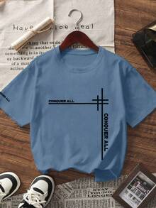 1pc Tween Boy Printed Short Sleeve T-Shirt, Student Youth Clothing, Summer Top For Kids - Dusty Blue - View 3
