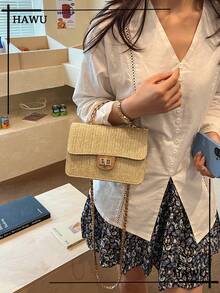 Bolso de hombro de paja con diseño de perlas, bolso cuadrado pequeño para vacaciones en la playa - Caqui - Ver 7