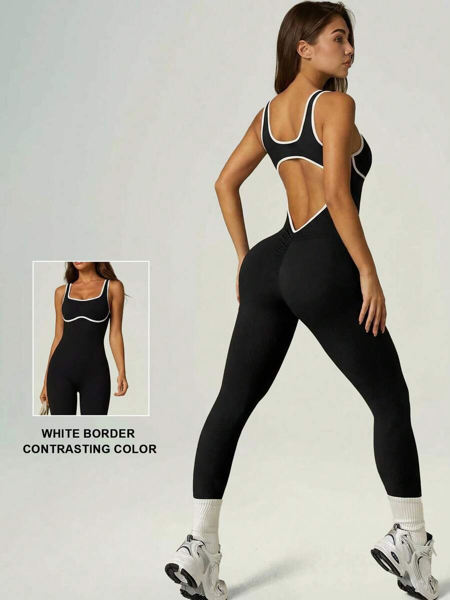 UONNOU Women's Contrast White Piping Sleeveless Jumpsuit, Open Back Ruched Butt Lifting Ribbed Seamless Yoga Jumpsuit Sports - Black - View 1