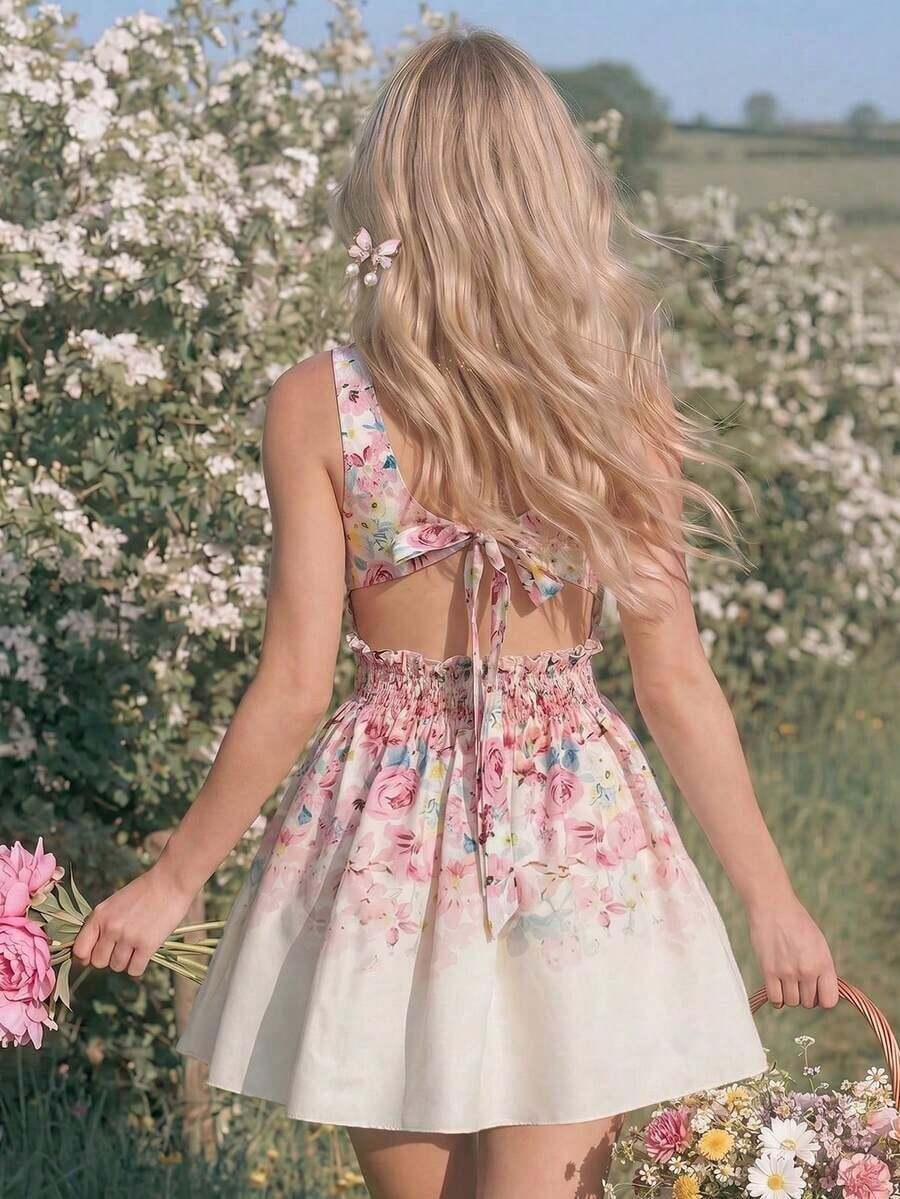 Charm Vestido corto de mujer con cuello cuadrado, espalda descubierta y tirantes con lazo, estampado floral. Vestido elegante para resort - Multicolor - Ver 1