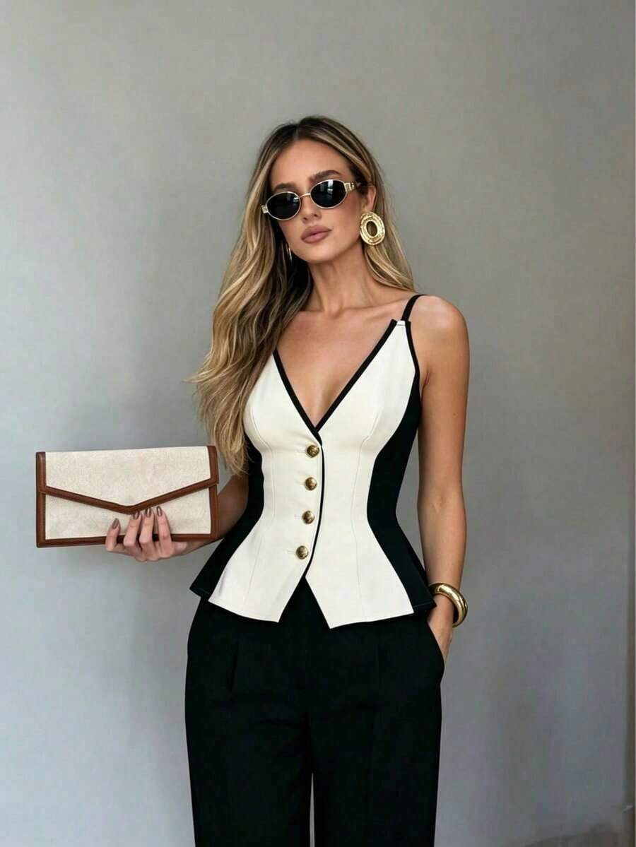 Camiseta de tirantes elegante y casual en blanco y negro con escote en V, adecuada para fiestas, negocios y uso de oficina en verano - Blanco y Negro - Ver 1