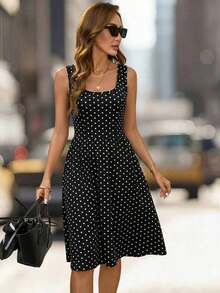 Vestido corto casual de mujer con cuello redondo y sin mangas con estampado de lunares - Blanco - Ver 11
