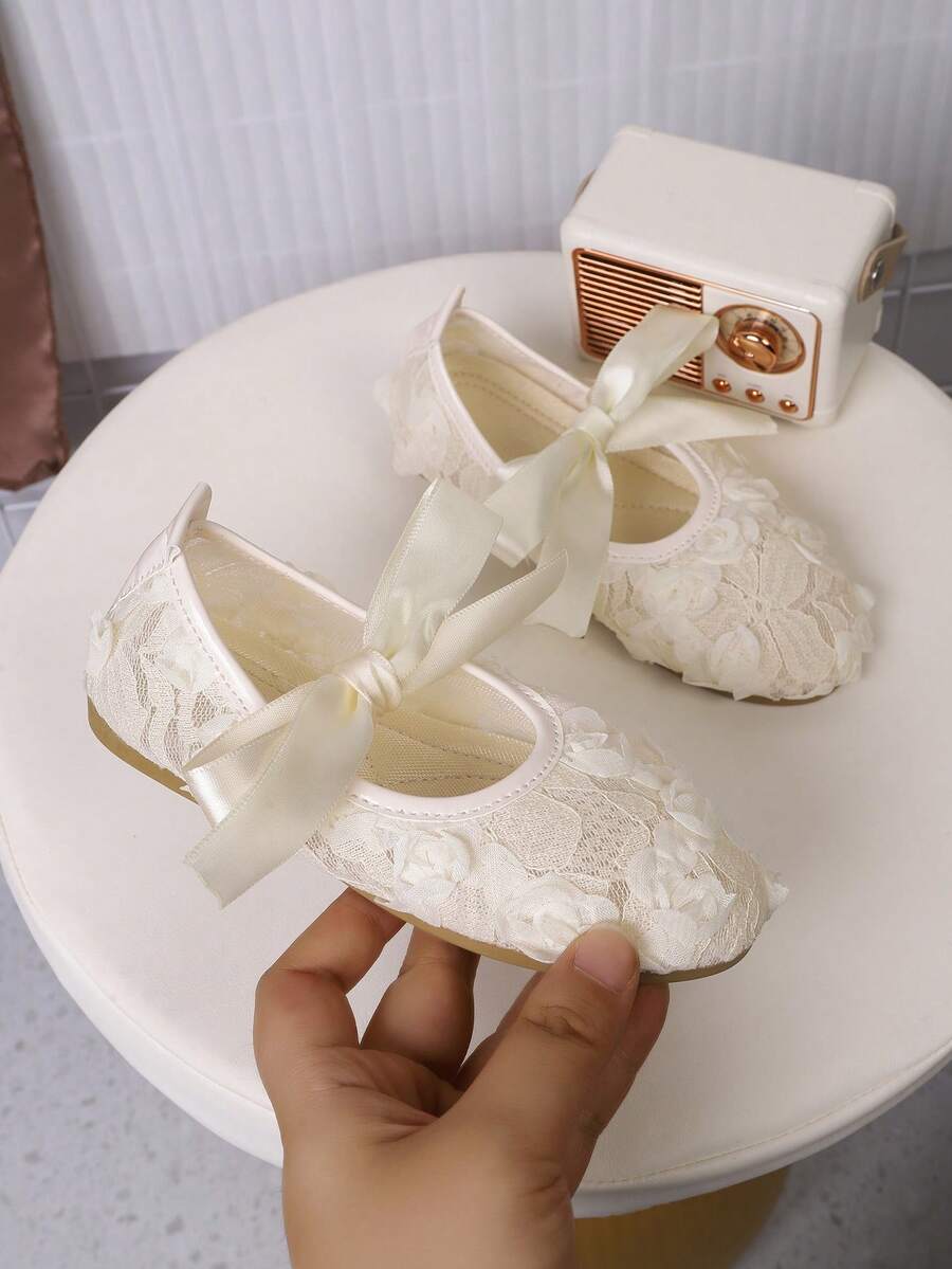 1雙幼女花卉網面芭蕾平底鞋,蝴蝶結裝飾瑪莉珍鞋,防滑套腳休閒鞋,適合兒童與特殊場合,1雙兒童蕾絲花卉瑪莉珍平底鞋,女童蝴蝶結芭蕾鞋,透氣網面套腳正裝鞋,適合學校與派對 - 米色 - 查看 1