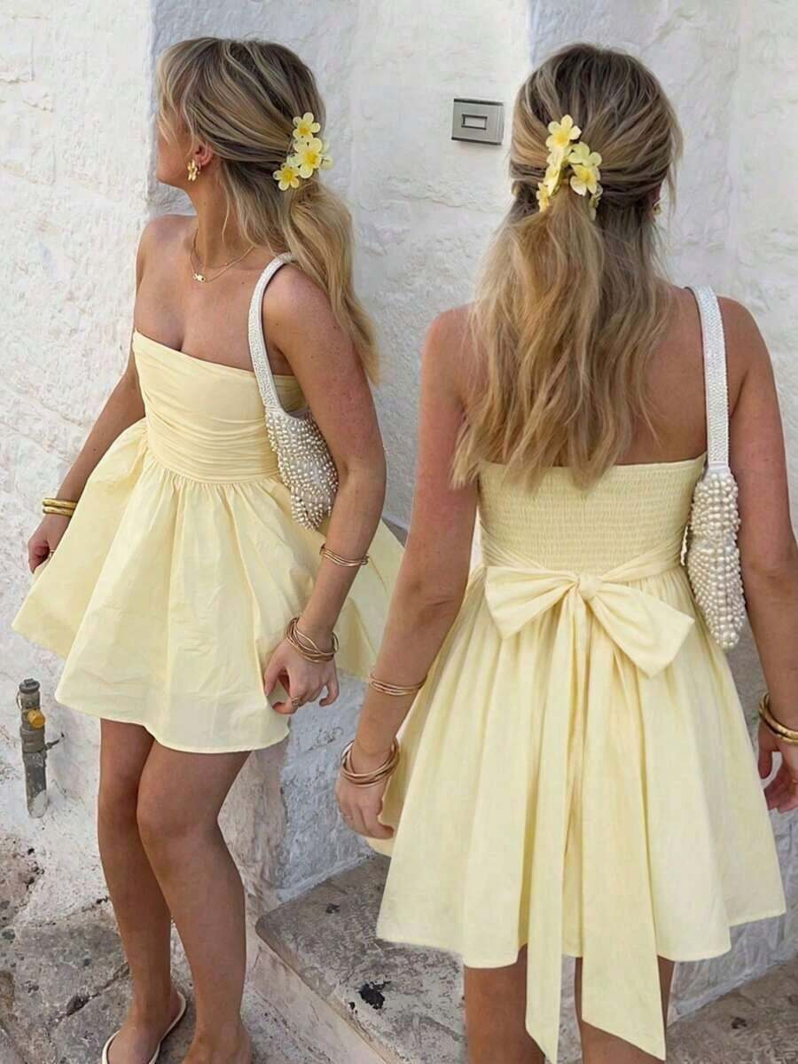 Vestido mini de línea A con tirantes de lazo francés adelgazante, hombro único y manga abullonada, nuevo estilo de moda verano 2026, adecuado para vacaciones, fiesta, playa, boda, baile de graduación, cumpleaños, vestido amarillo, vacaciones, concierto, Y2K, trayecto, cita elegante - amarillo ganso - Ver 1