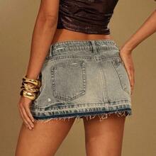 guang zhou mi qian shang mao  Minifalda vaquera de denim con dobladillo deshilachado y bolsillos en diagonal - Marrón - Ver 6
