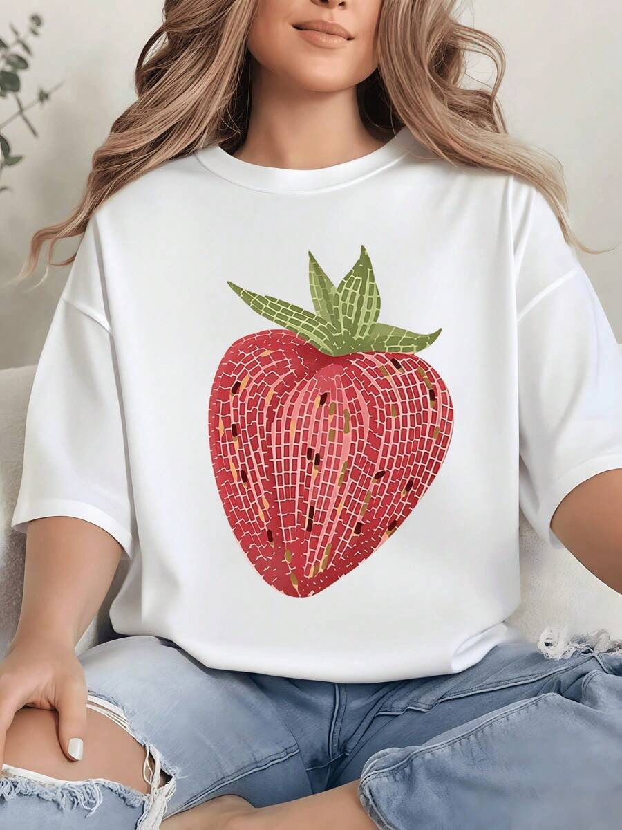 Strawberry Made Up Of Tiny Red And Green Mosaics Symbolizing The Natural Sweetness And Vitality Of Summer, Conveying Positive Energy And Freshness. A Modern And Comfortable Women's T-Shirt For Everyday Wear. - 白色 - 查看 1