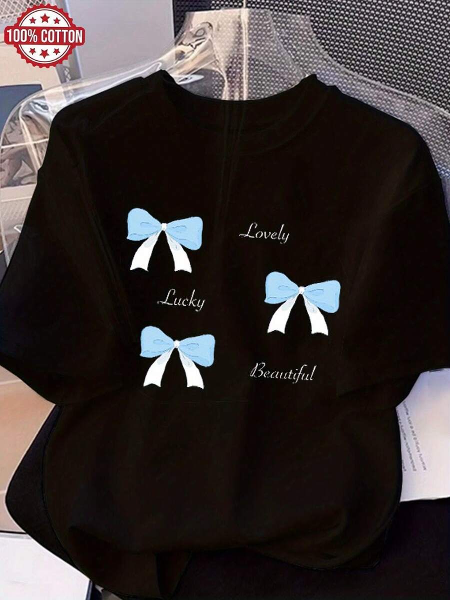 Modern Summer Cotton T-Shirt, Loose Fit, Round Neck, Versatile, Comfortable, Casual, For Women, Youthful, , Short Length For Daily Wear, Elegant Party Outfit/T-Shirt For Elegant Ladies/Blouses Suitable For Curvy Women/Prom Skirts/Casual Wear - 黑色 - 查看 1