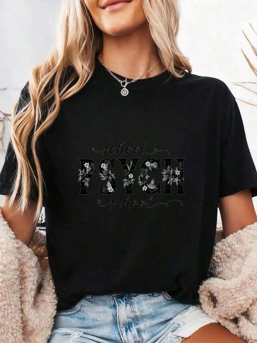 School Psychologist T-Shirt, Floral School Psychologist T-Shirt, School Psychologist Gift, Psychology Graduate Gift, School Psychologist Gift, Back To School Gift Mug, 100% Cotton - 黑色 - 查看 1