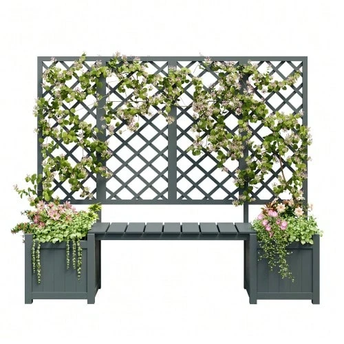 Flower Pot With Trellis For Climbing Plants, Spacious Planter, Flower Box, Solid Brown Fir Wood Planter, Flower Pot With Trellis And Seat For Garden, Courtyard, Terrace - 灰色 - 查看 1