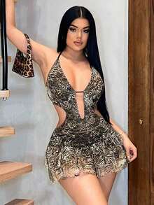 Vestido mini sexy con escote profundo con estampado de leopardo y floral para vacaciones de mujer - Multicolor - Ver 3