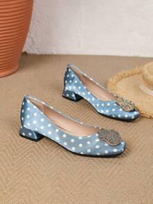 Women's Fashion Classic Suede Matching Metal Rhinestone Square Toe Chunky Heel Shoes - Baby Blue - View 6
