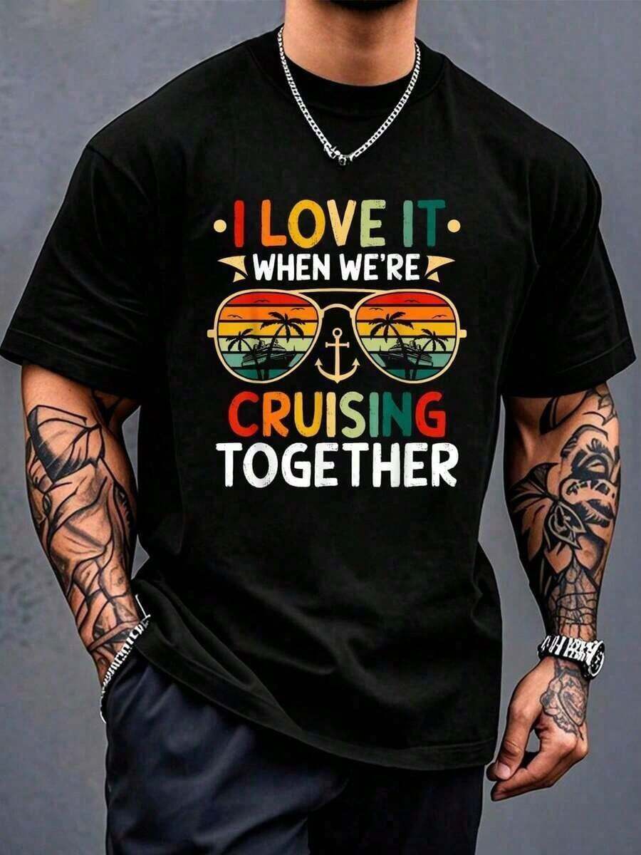 Cruise 2025 Conjuntos a Juego para Amigos, Familiares y Parejas, Camiseta Estampada Casual de Cuello Redondo y Manga Corta, Cómoda para Primavera y Verano, Ropa para Hombre - Negro - Ver 1