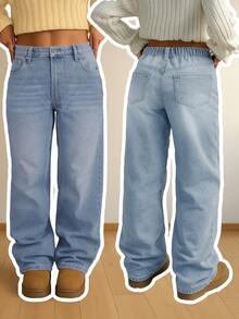 Jeans de pierna recta talla grande cómodos, longitud extendida, diseño con cremallera, tela sin estiramiento, casual - Azul - Ver 1