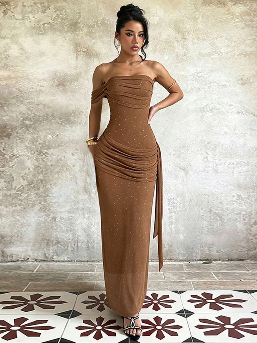 1 pieza Vestido asimétrico/asimétrico elegante, casual y sexy de punto de unicolor, ropa de playa para primavera/verano - Marrón - Ver 1