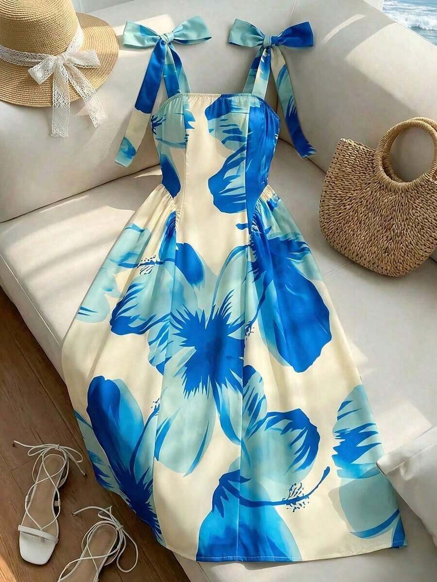 MEXGlowEve Vestido casual de mujer sin mangas con estampado floral, diseño de cintura ceñida y línea A, estilo romántico adecuado para vacaciones, paseos por el jardín, té de la tarde y otras ocasiones casualesMEX K5LW - lago azul - Ver 1