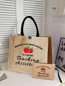 Teacher Theme Tote Bag And Makeup Bag Set, Apple Pattern Shopping Bag, Suitable For Weddings, Birthdays, Beach And Holidays, Perfect Gift For Family And Friends. This Large Set Is Very Suitable For Students To Use - Multicolor - View 8