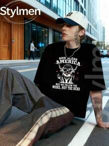Men's "God Bless America Bull Word Not Herd" Summer T-Shirt, 100% Washed Cotton, Printed, Round Neck, Short Sleeve, Casual Fashion And Loungewear - 黑色 - 查看 2