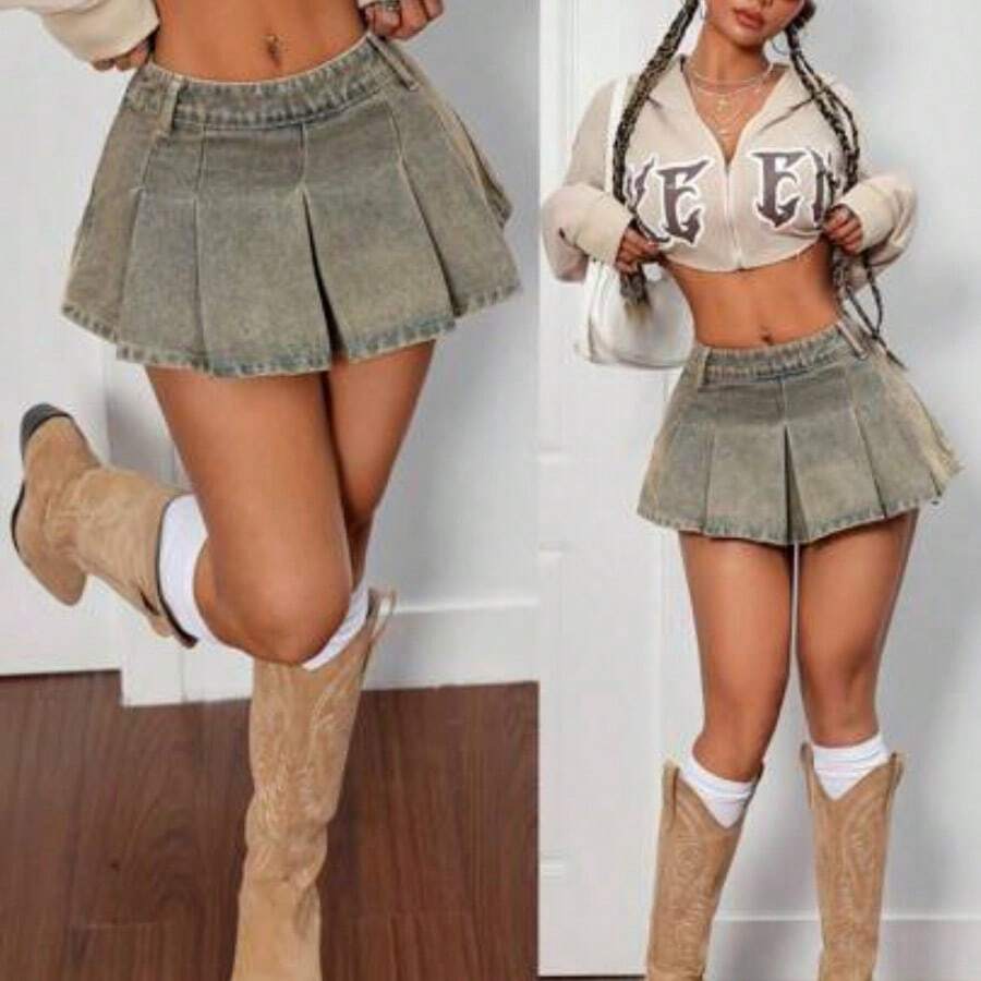 Women Denim Shorts - 卡其色 - 查看 1