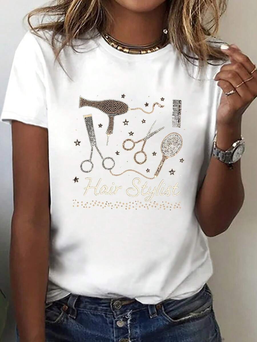 Casual Short-Sleeved, Round-Neck T-Shirt, Designed With Hairdressing Tools In Mind, Perfect For Spring And Summer, Exclusively For Women. - White - View 1
