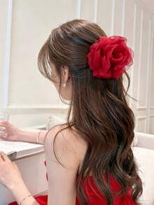 1件女款網紗花朵髮夾，大號花朵髮夾，適合粗髮 - 紅色 - 查看 2