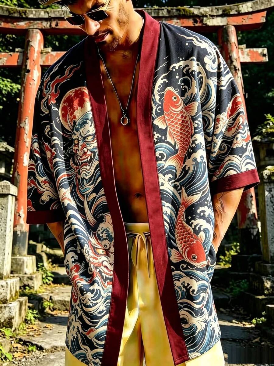 Men's Japanese Kimono Jacket, Ukiyo-E Carp And Ghost Face Tattoo Pattern - Lightweight Short-Sleeved Cardigan, Loose Fit, Suitable For Spring, Summer, And Autumn, Machine Washable Jacket, Suitable For Beach And Street Style - B - 查看 1