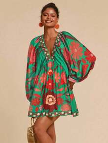 Vestido de gasa con cuello en V y manga larga con estampado floral para mujer, adecuado para vacaciones, estilo de vacaciones, estampado gráfico tejido, atuendos casuales de verano para vacaciones, atuendos de vacaciones en la playa bohemia, ropa bohemia chic, atuendos de festivales de vacaciones, atuendos de playa para mujer, atuendos de verano para mujer, atuendo de graduación, atuendos de cumpleaños para mujer, artículos esenciales de playa, atuendo de aeropuerto para mujer, vestido de té, vestido de cumpleaños, vestido de verano, verano europeo, ropa bohemia para mujer, vestido elegante para mujer - Azul - Ver 4