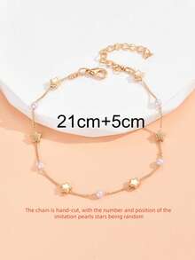 2pcs Gold Star & Faux Pearl Multi-Layer Anklet, Boho Beach Jewelry, Adjustable Anklet Accessory (Chain Length Customized, Random Placement Of Faux Pearl & Star Charms) - Gold - View 5