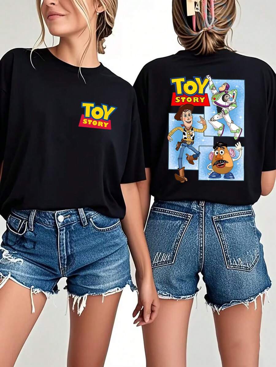 DISNEY Women's Toy Story T-Shirt - Official Woody & Buzz Lightyear T-Shirt, Soft, Breathable Short-Sleeved Crew Neck Top For Theme Parties, Casual Wear & Birthdays (Toy Story Movie Design) - 黑色 - 查看 1