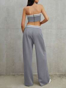 Luminelle Conjunto de top bandeau y pantalones anchos plisados de moda, versátil para vacaciones y fiestas - Gris - Ver 2