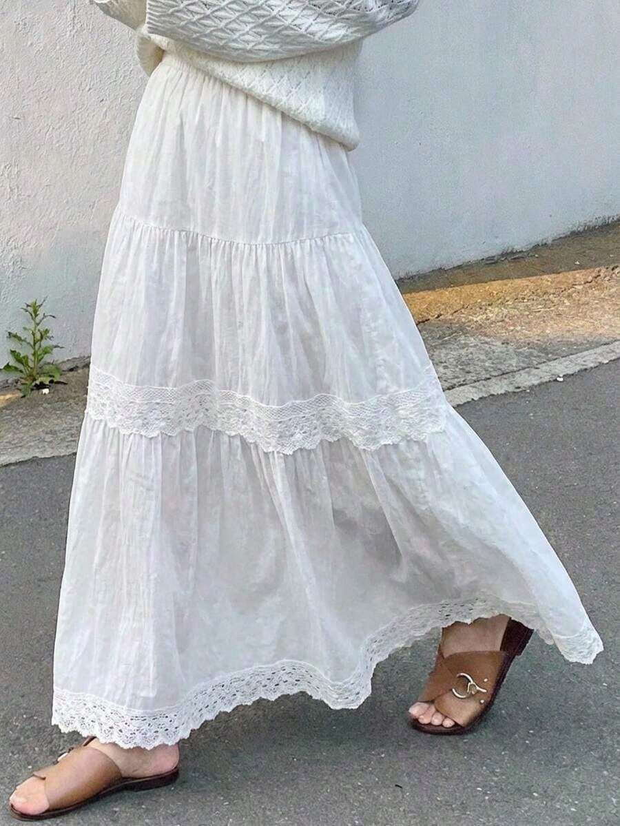 Flared Skirt With Contrasting Lace For Women - White 3 - View 1