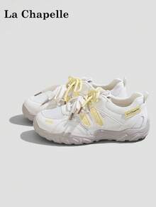 1 par de zapatillas casuales de suela gruesa con cordones para mujer La Chapelle, de punta redonda, tacón bajo plano, adecuadas para estudiantes, fotos de graduación, senderismo, zapatos de skate de suela blanda y de cuero de caña baja - Amarillo limón - Ver 1